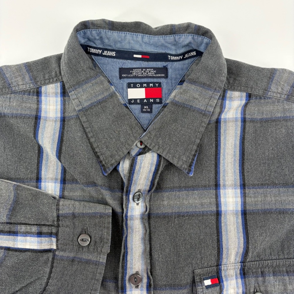 Tommy Jeans Mens XL Gray Blue Plaid Cotton Flannel Button Down Shirt Long Sleeve